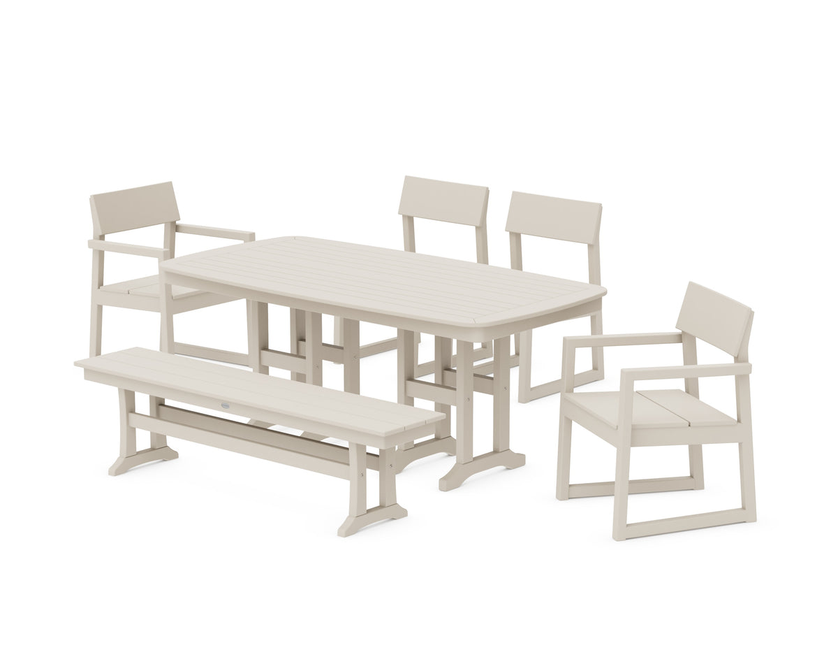 POLYWOOD EDGE 6-Piece Dining Set with Bench (Nautical 37" x 72" Table) in Sand