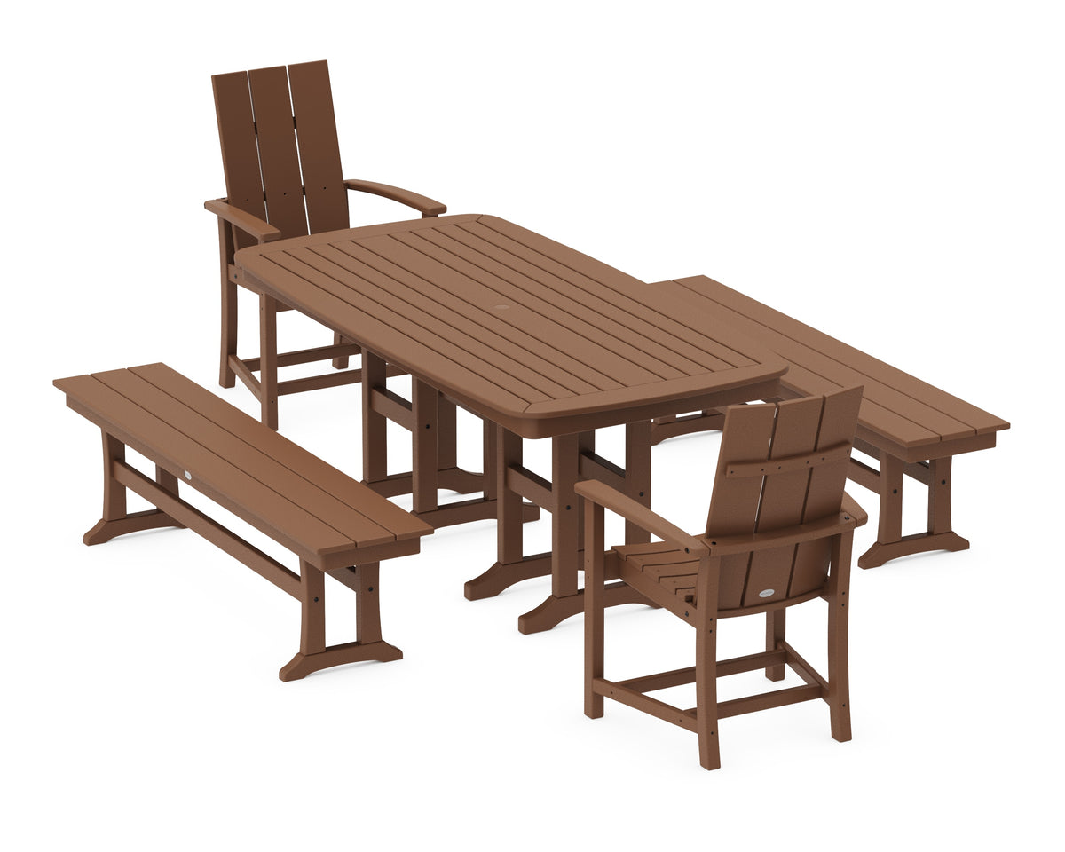 POLYWOOD Modern Adirondack 5-Piece Nautical Dining Set with Benches in Teak