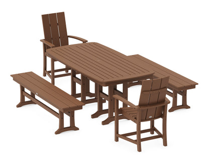 POLYWOOD Modern Adirondack 5-Piece Nautical Dining Set with Benches in Teak