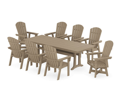 POLYWOOD Nautical Curveback Adirondack Swivel 9-Piece Farmhouse Dining Set with Trestle Legs in Vintage Sahara