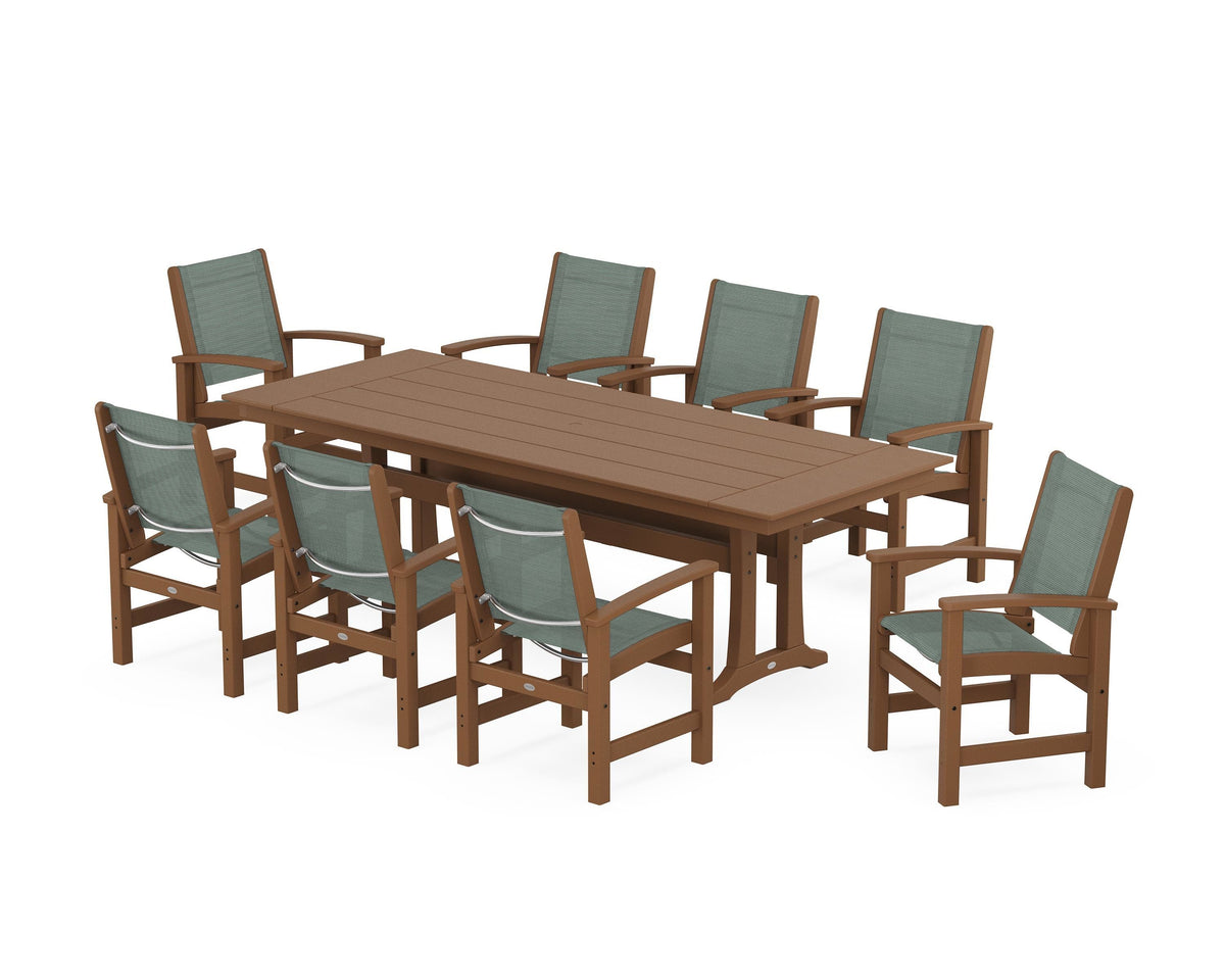 POLYWOOD Coastal 9-Piece Farmhouse Dining Set with Trestle Legs in Teak / Dupioni Sea Mist