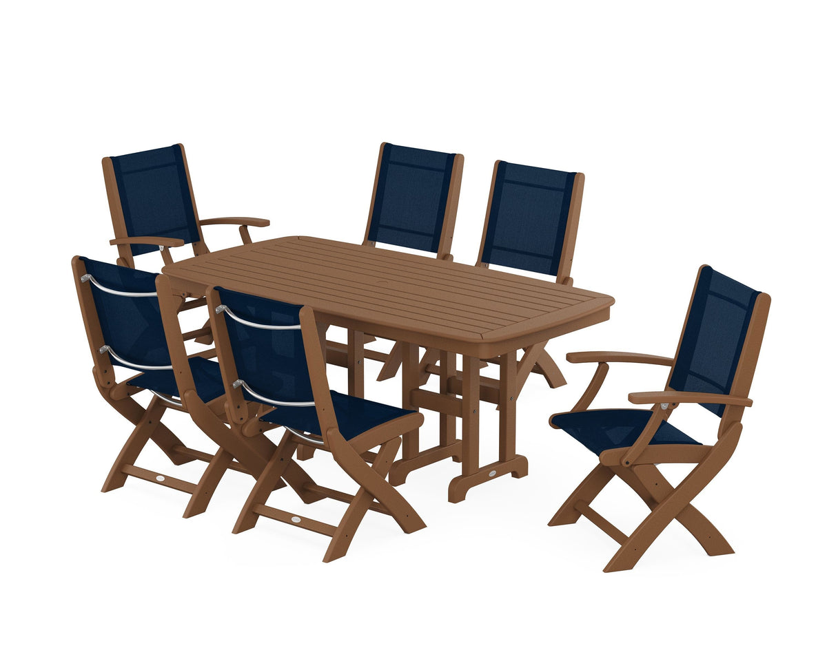 POLYWOOD Coastal Folding Chair 7-Piece Dining Set in Teak / Navy Blue