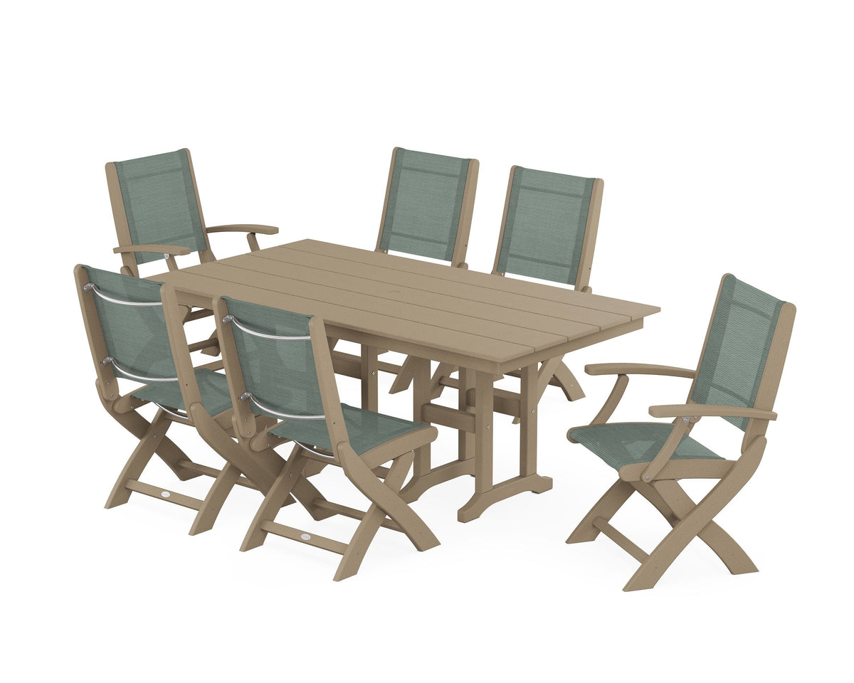 POLYWOOD Coastal Folding Chair 7-Piece Farmhouse Dining Set in Vintage Sahara / Dupioni Sea Mist