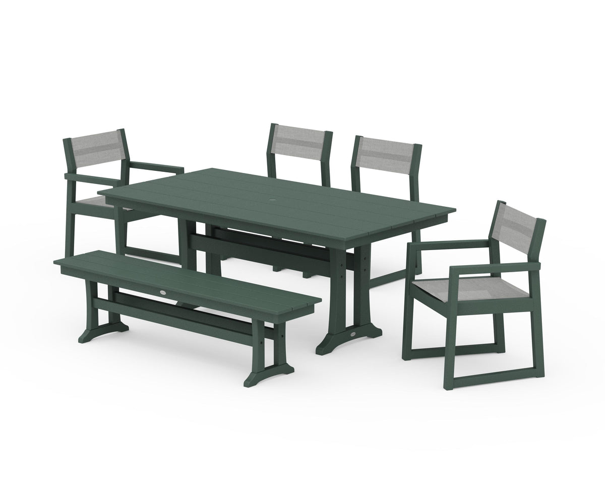 POLYWOOD EDGE Sling 6-Piece Farmhouse Dining Set With Trestle Legs in Green / Metallic