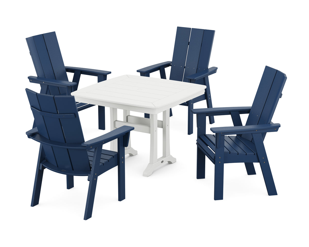 POLYWOOD Modern Adirondack 5-Piece Dining Set with Trestle Legs with Modern Curveback Adirondack Dining Chair in Navy / White