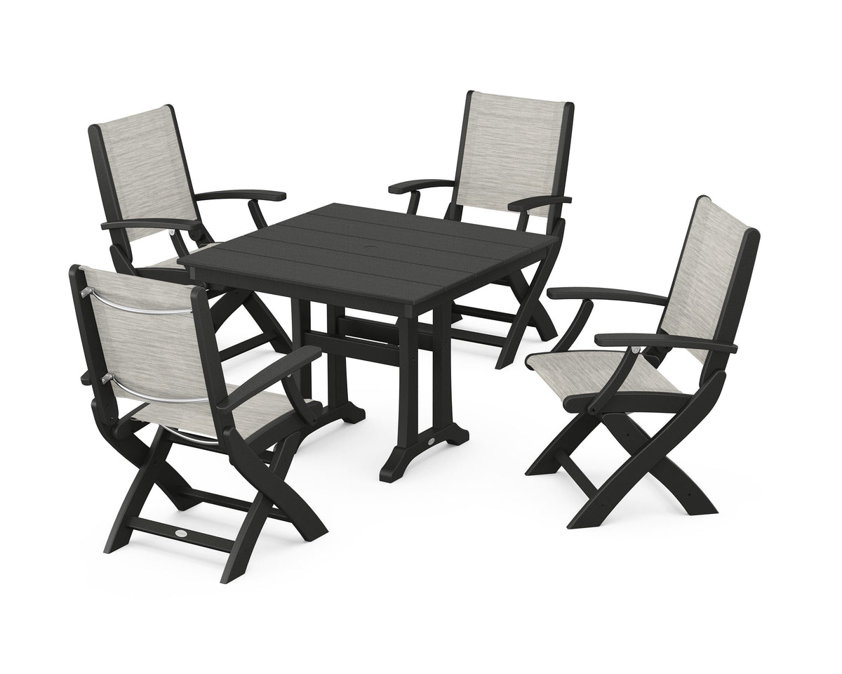 POLYWOOD Coastal Folding Chair 5-Piece Farmhouse Dining Set With Trestle Legs in Black / Birch