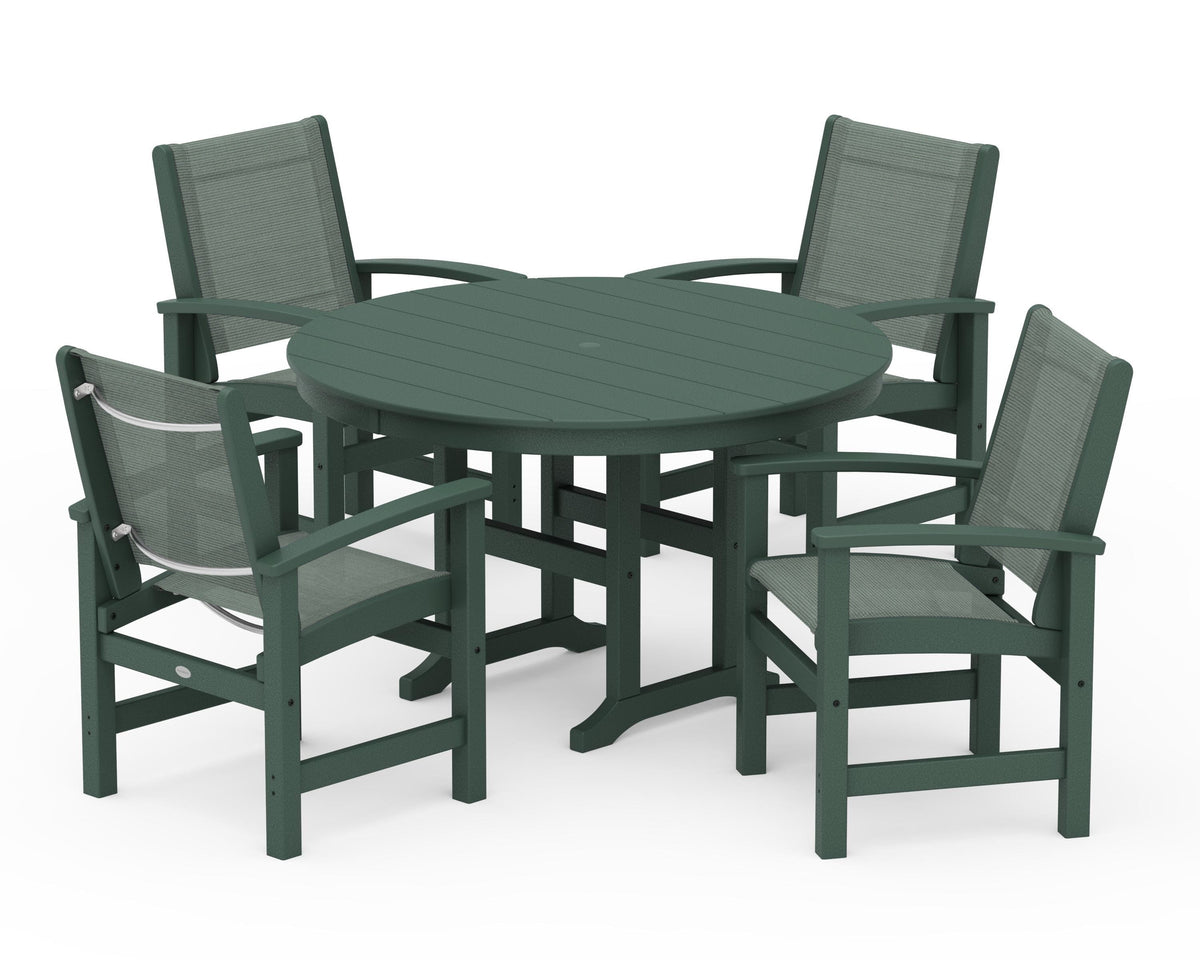 POLYWOOD Coastal 5-Piece Round Farmhouse Dining Set in Green / Dupioni Sea Mist