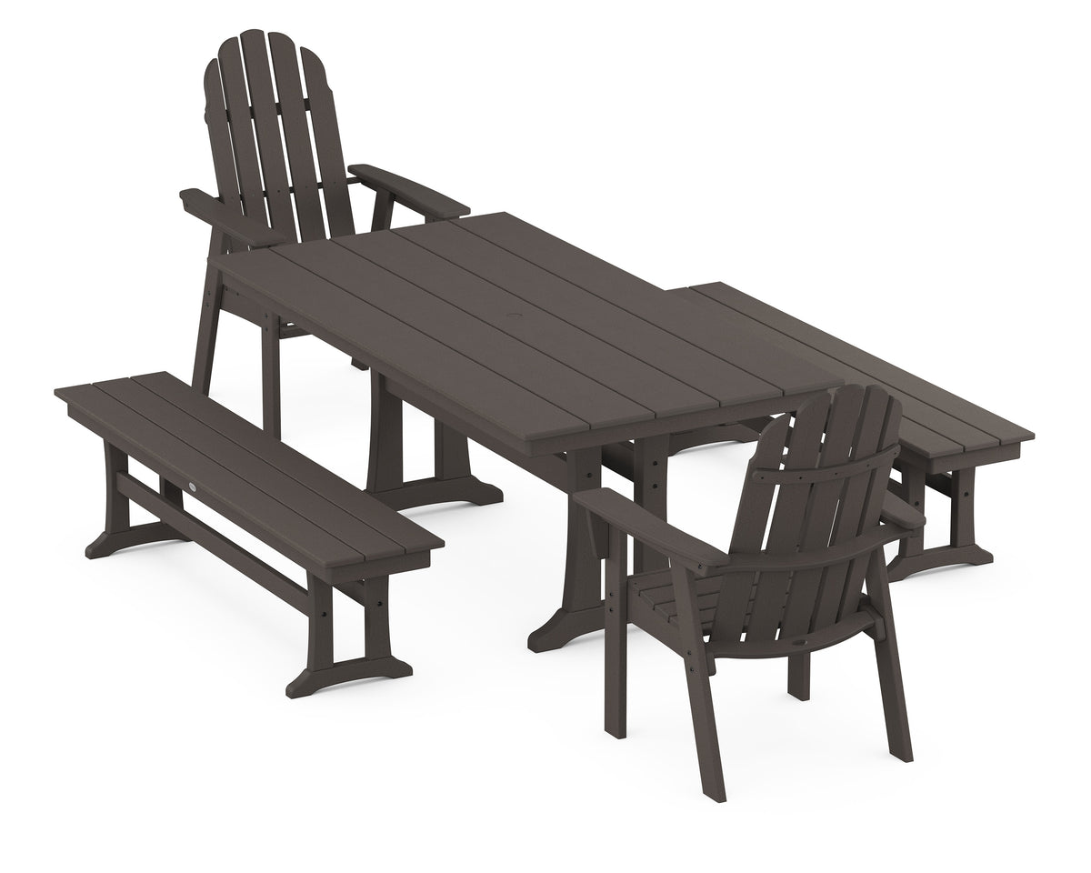 POLYWOOD Vineyard Adirondack 5-Piece Farmhouse Dining Set with Trestle Legs - 37" x 72" Table in Vintage Coffee
