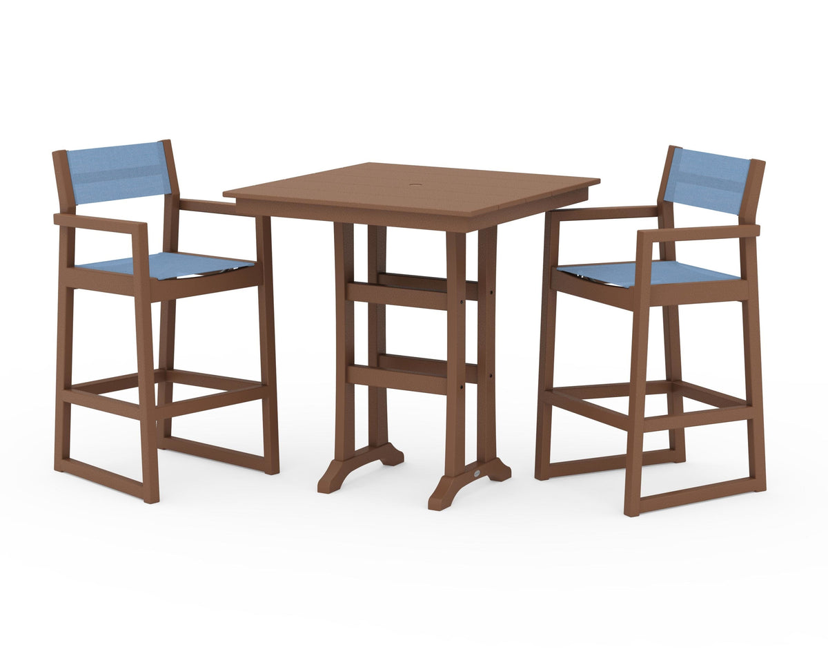 POLYWOOD EDGE Sling Arm Chair 3-Piece Farmhouse Bar Set with Trestle Legs in Teak / Poolside