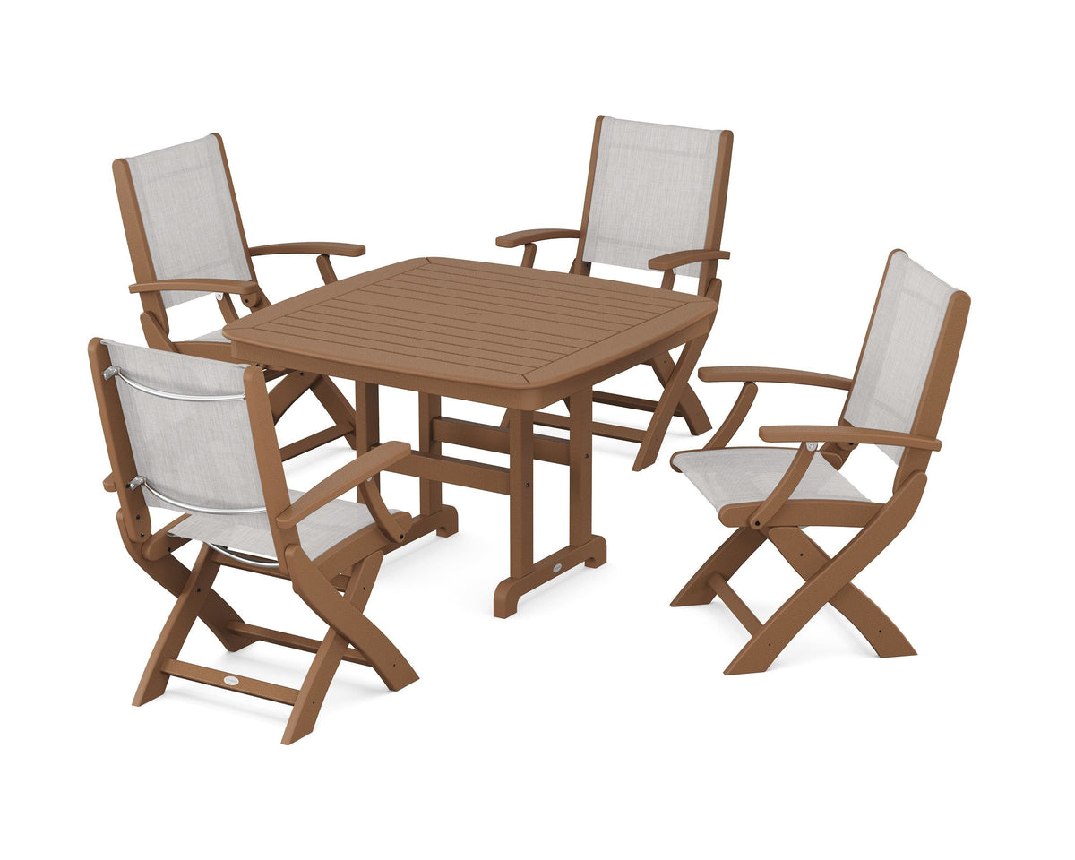 POLYWOOD Coastal Folding Chair 5-Piece Dining Set with Nautical 44" Dining Table in Teak / Parchment