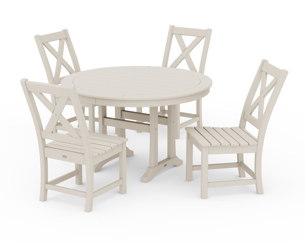 POLYWOOD Braxton Side Chair 5-Piece Round Dining Set with Trestle Legs in Sand