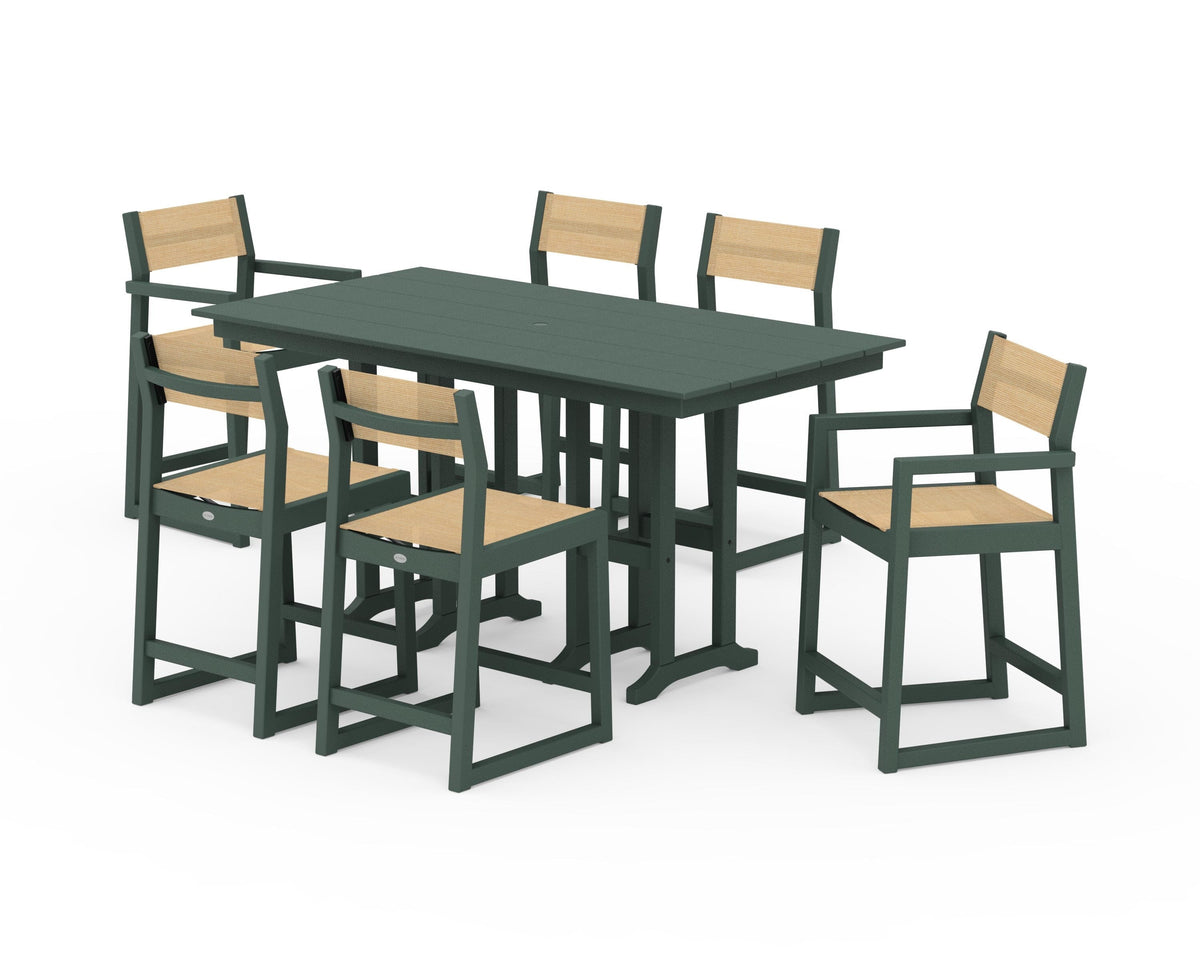 POLYWOOD EDGE Sling 7-Piece Farmhouse Counter Set with Trestle Legs in Green / Dupioni Apricot