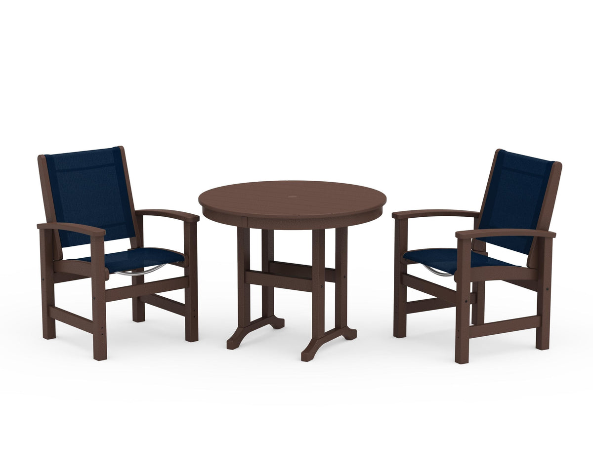 POLYWOOD Coastal 3-Piece Round Dining Set in Mahogany / Navy Blue