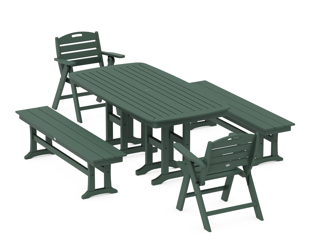 POLYWOOD Nautical Lowback 5-Piece Dining Set with Benches in Green