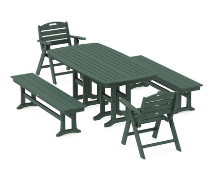 POLYWOOD Nautical Lowback 5-Piece Dining Set with Benches in Green