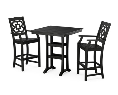 POLYWOOD Chinoiserie 3-Piece Farmhouse Bar Set with Trestle Legs in Black