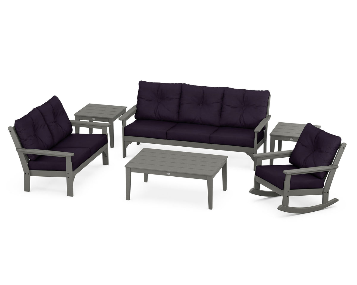 POLYWOOD Vineyard 6-Piece Deep Seating Set with Rocking Chair in Slate Grey / Navy Linen