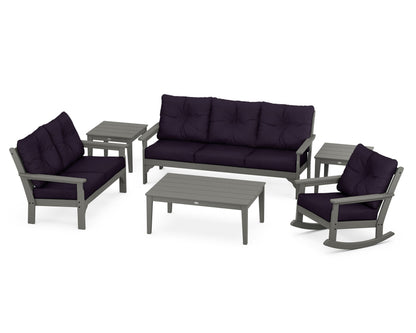 POLYWOOD Vineyard 6-Piece Deep Seating Set with Rocking Chair in Slate Grey / Navy Linen