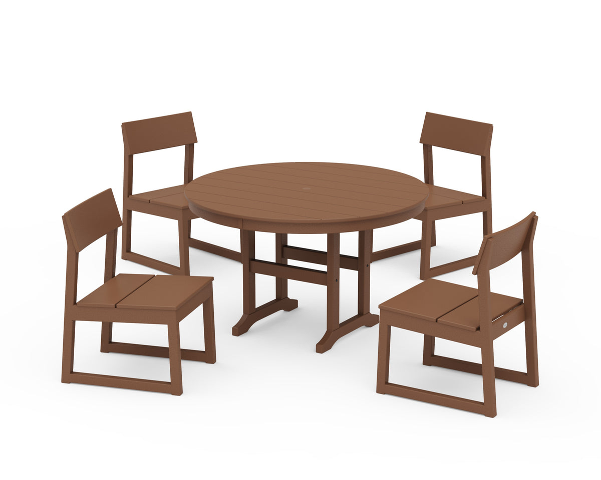 POLYWOOD EDGE Side Chair 5-Piece Round Farmhouse Dining Set in Teak