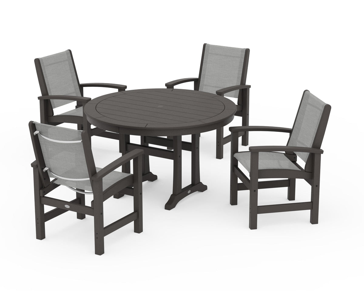 POLYWOOD Coastal 5-Piece Round Dining Set with Trestle Legs in Vintage Coffee / Metallic