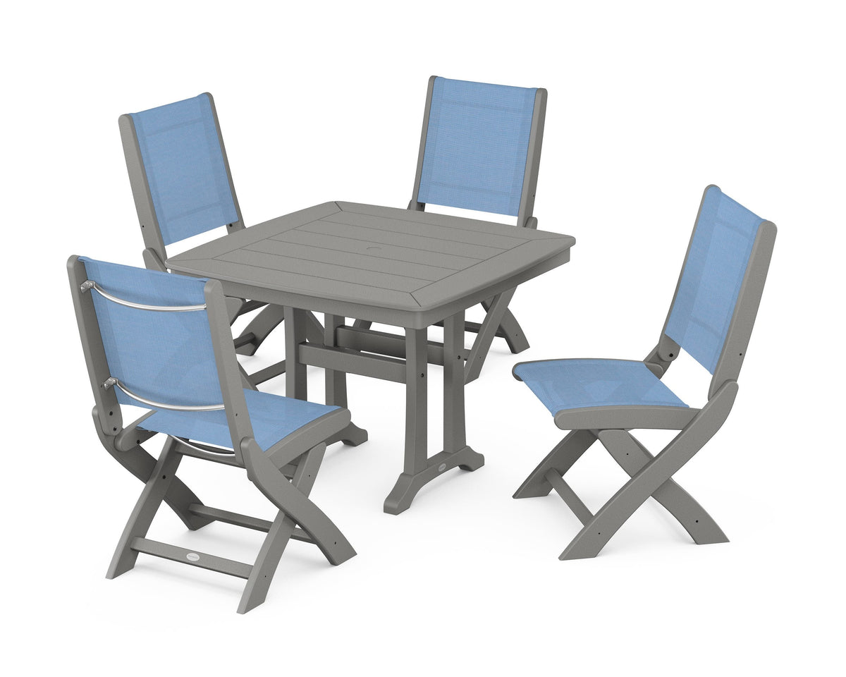 POLYWOOD Coastal Folding Side Chair 5-Piece Dining Set with Trestle Legs in Slate Grey / Poolside