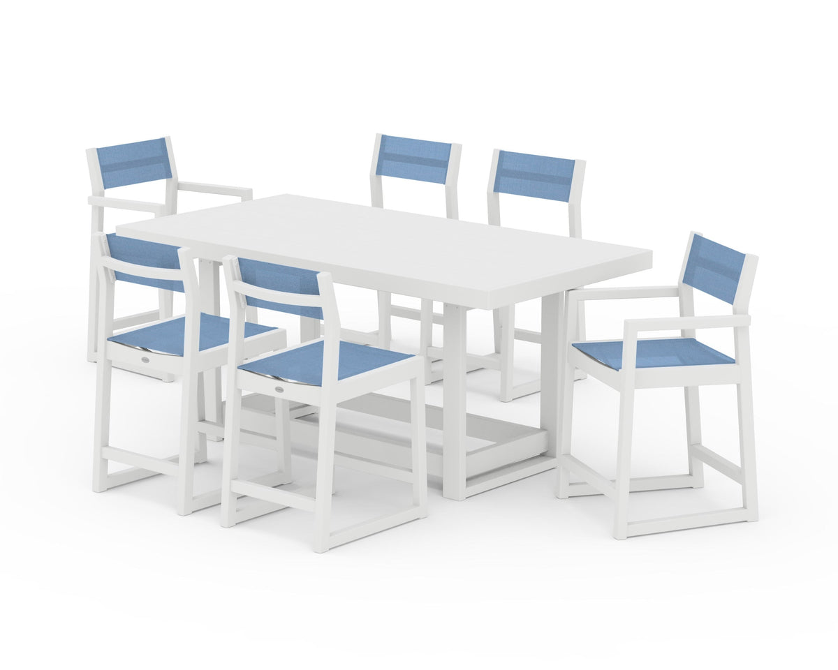 POLYWOOD EDGE Sling 7-Piece Counter Table Set in White / Poolside