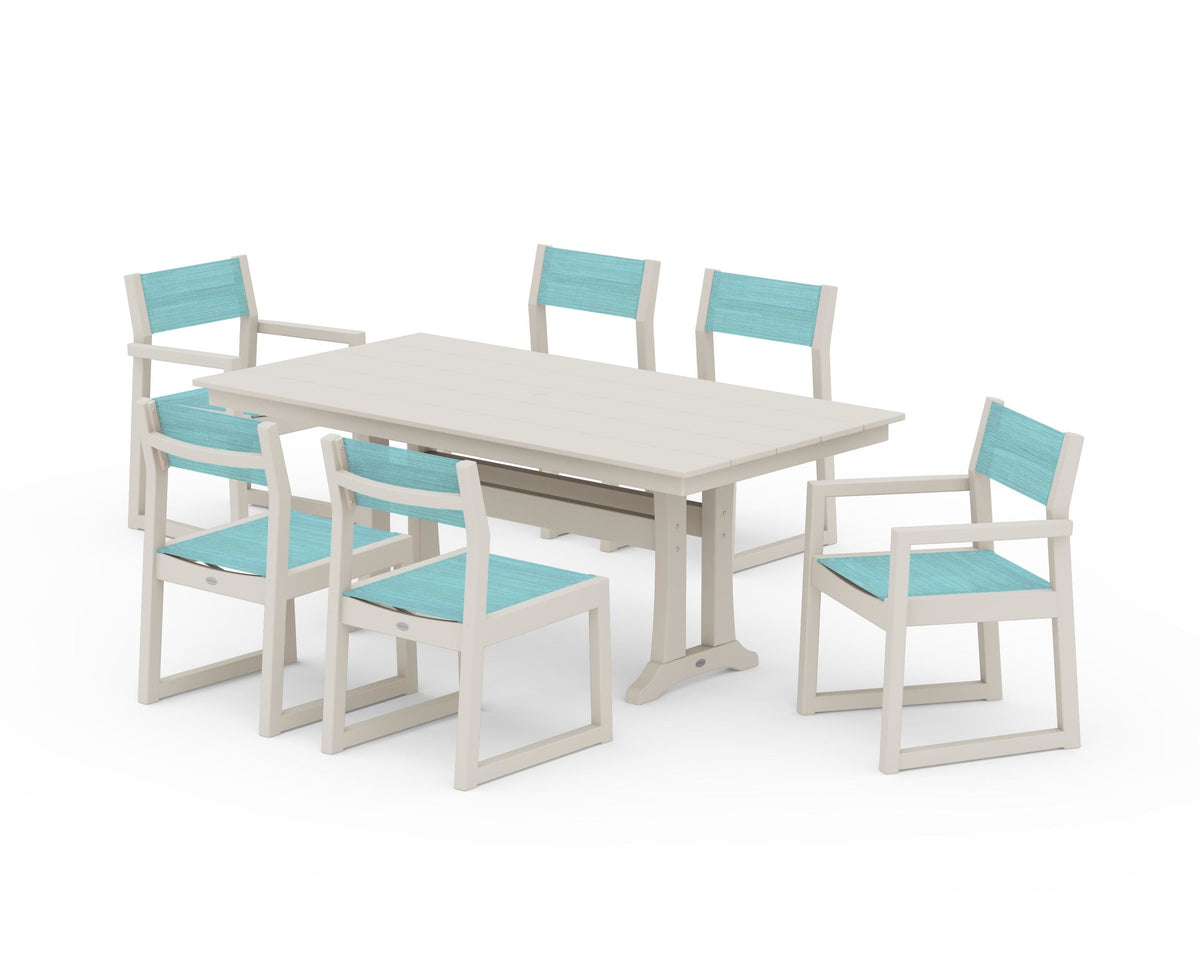 POLYWOOD EDGE Sling 7-Piece Farmhouse Trestle Dining Set in Sand / Dupioni Aquamarine
