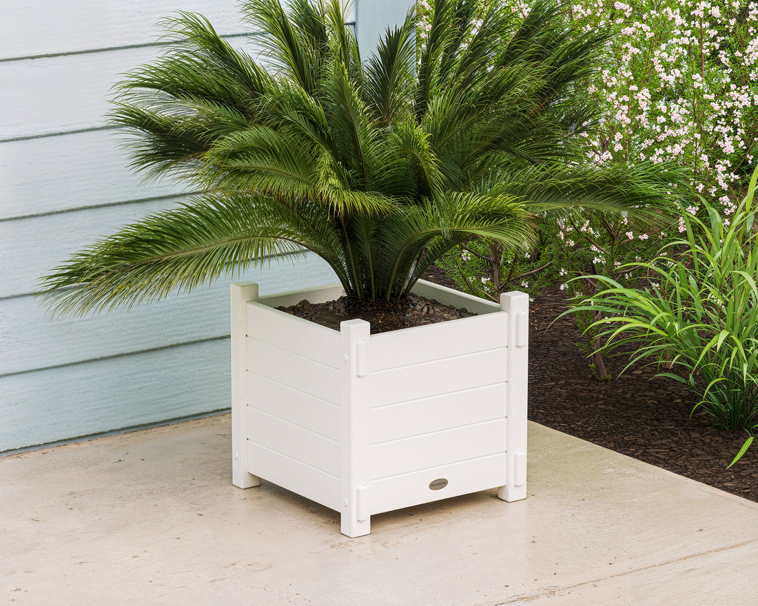 POLYWOOD Nautical Square Planter Box in White in an outdoor setting