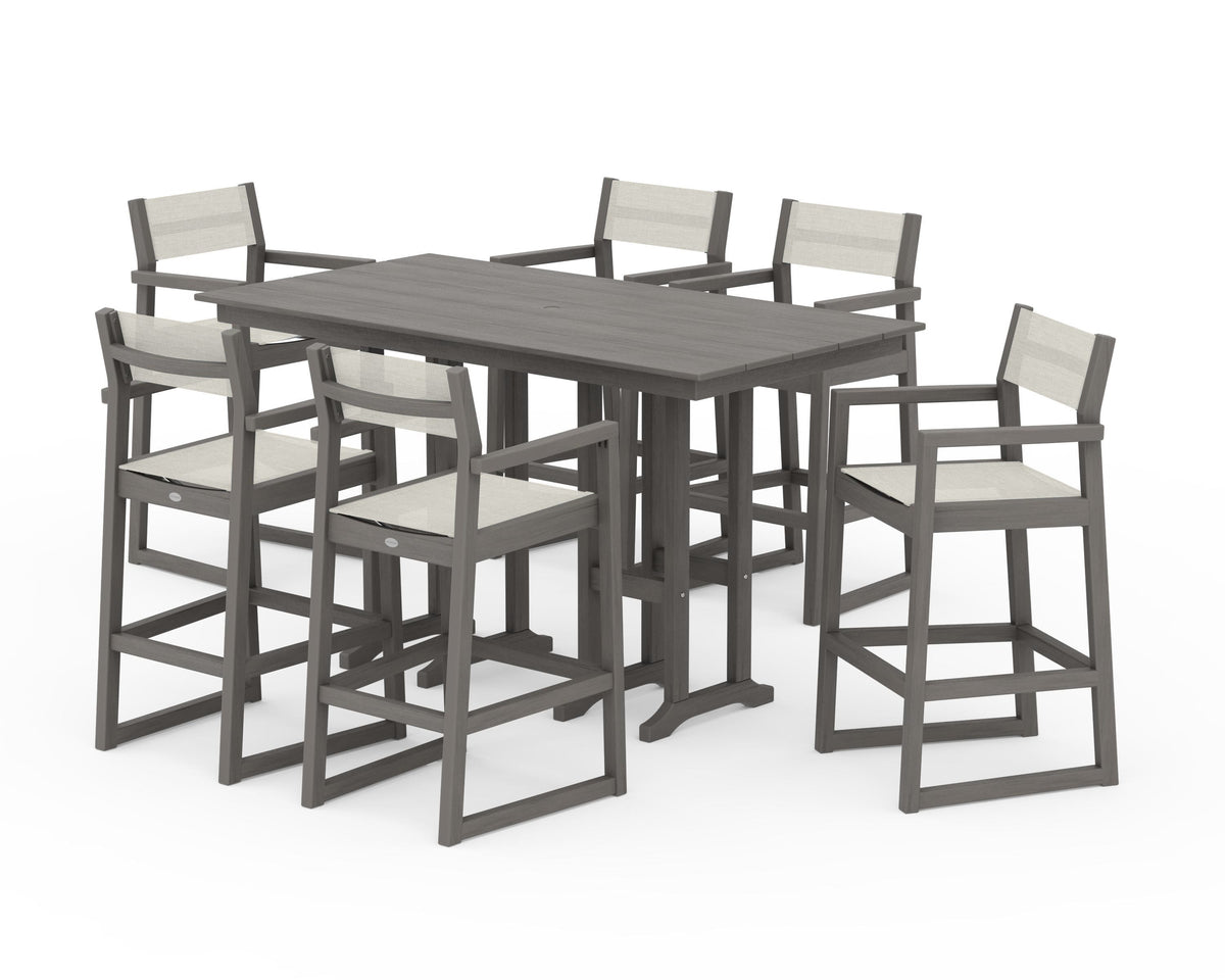 POLYWOOD EDGE Sling Arm Chair 7-Piece Farmhouse Bar Set in Driftwood / Parchment