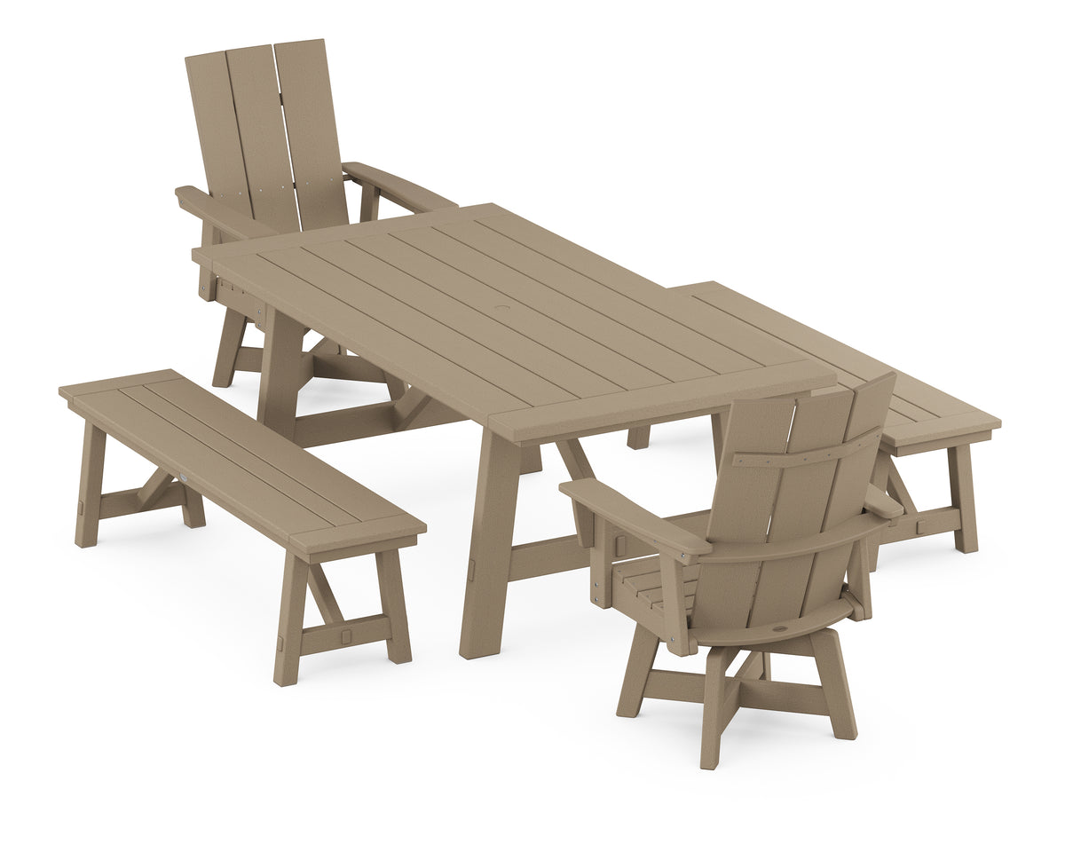 POLYWOOD Modern Curveback Adirondack Swivel Chair 5-Piece Rustic Farmhouse Dining Set with Benches in Vintage Sahara