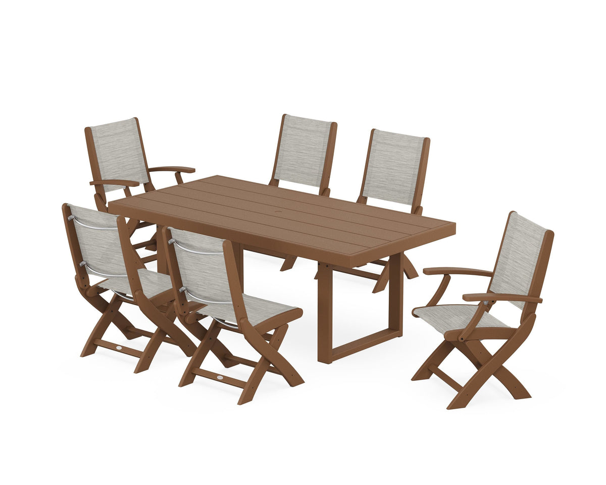 POLYWOOD Coastal Folding Chair 7-Piece Dining Set with Trestle Legs with EDGE 40" x 78" Dining Table in Teak / Birch