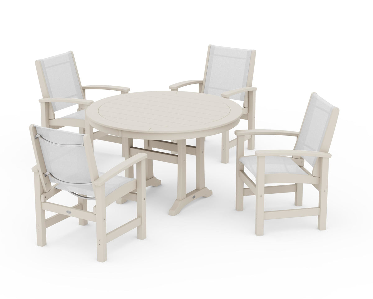 POLYWOOD Coastal 5-Piece Round Dining Set with Trestle Legs in Sand / White