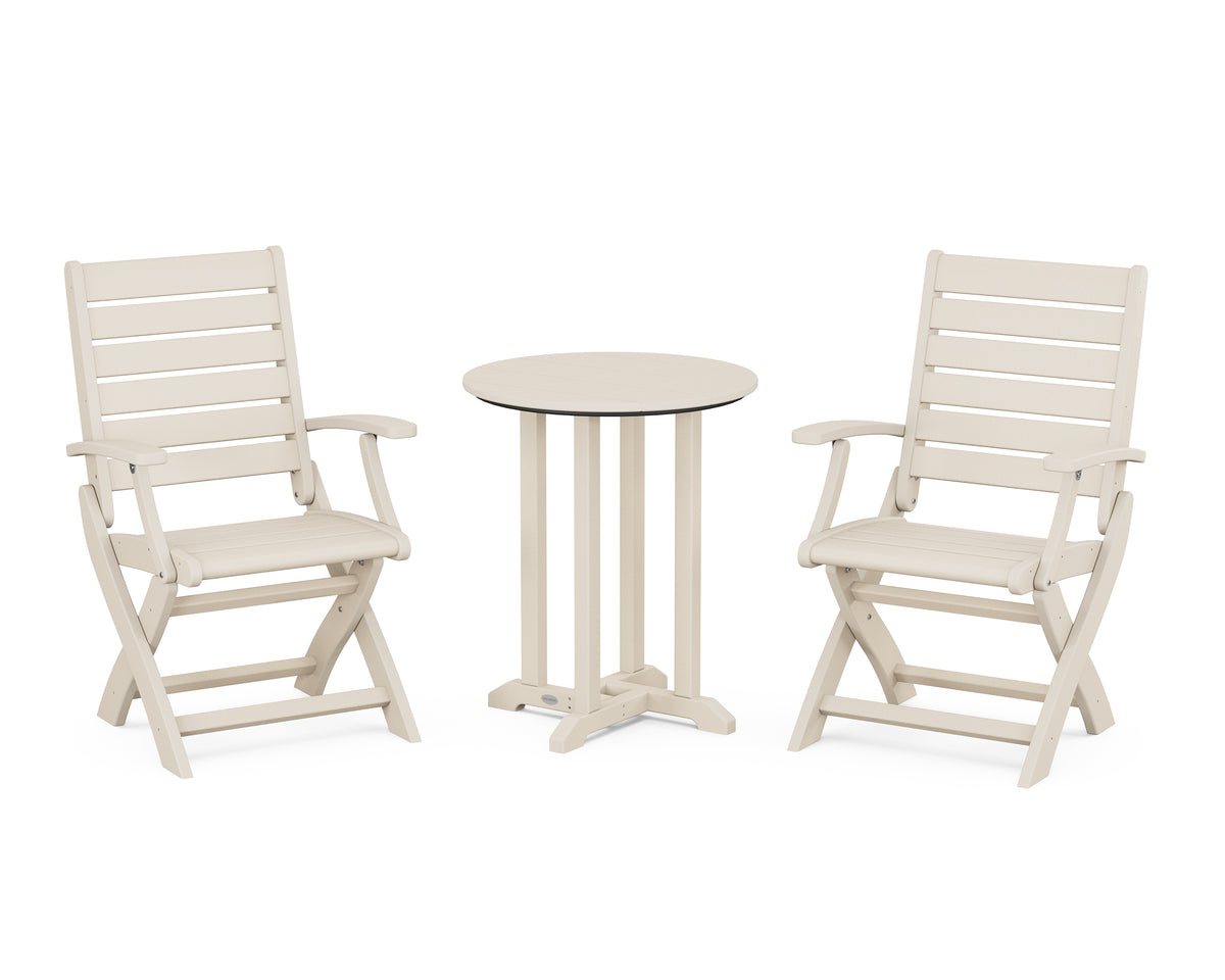 POLYWOOD Signature Folding Chair 3-Piece Round Farmhouse Bistro Dining Set in Sand