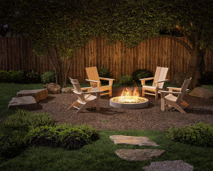 Lifestyle photo of the POLYWOOD 4-Piece Modern Curveback Adirondack Conversation Set in Sand