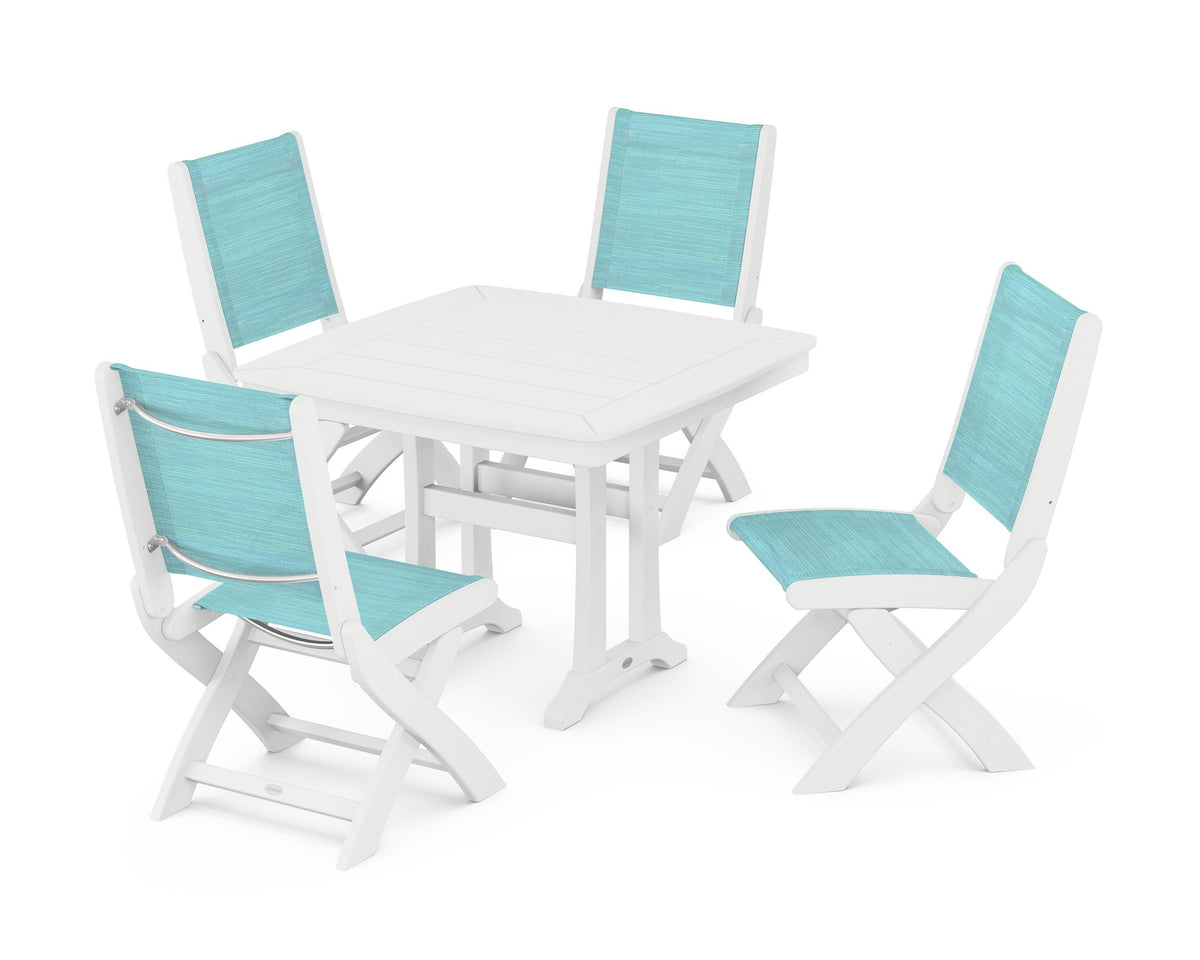 POLYWOOD Coastal Folding Side Chair 5-Piece Dining Set with Trestle Legs in White / Dupioni Aquamarine