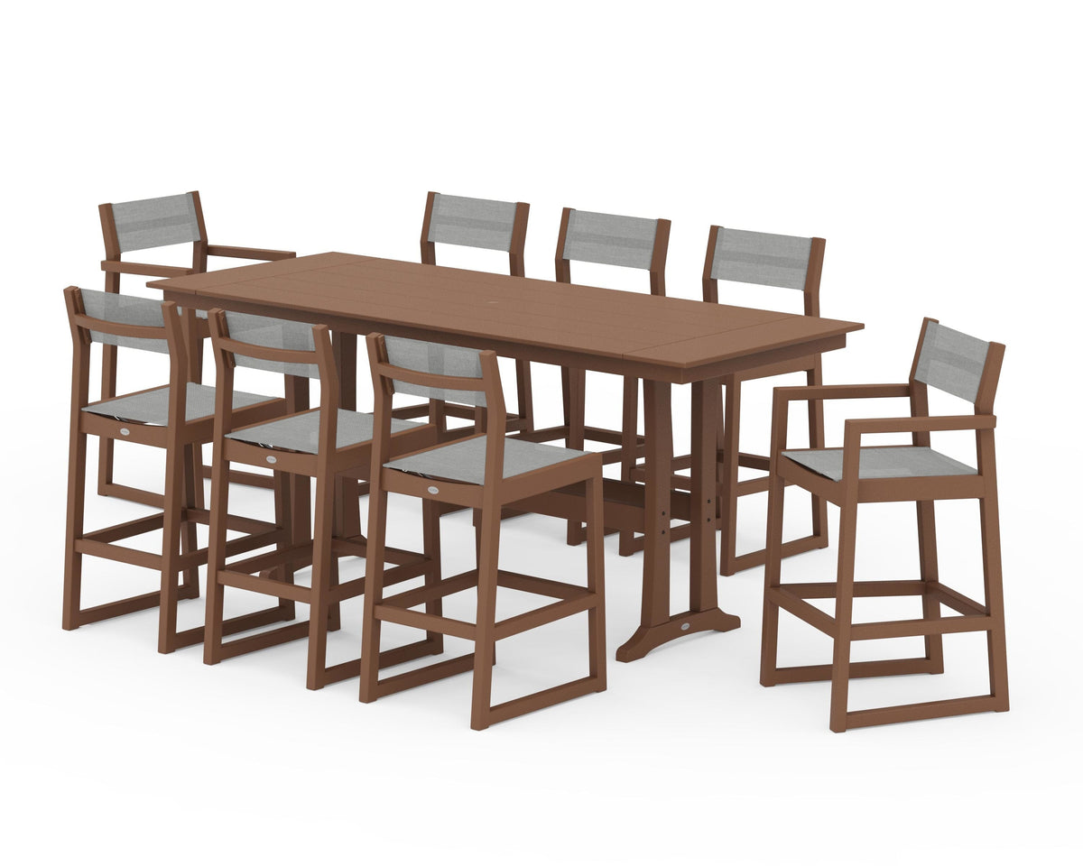 POLYWOOD EDGE Sling 9-Piece Farmhouse Bar Set with Trestle Legs in Teak / Metallic