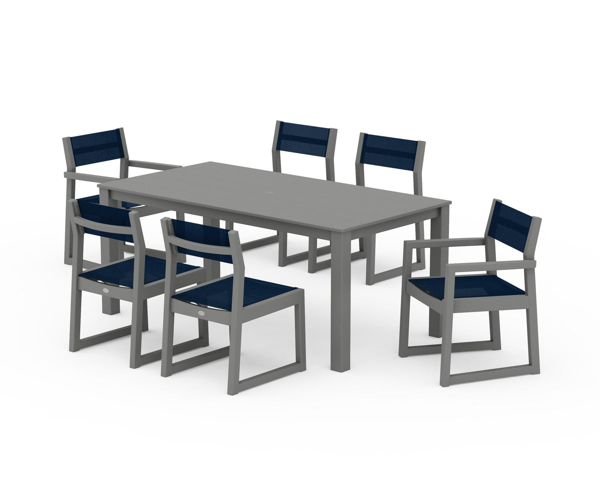 POLYWOOD EDGE Sling 7-Piece Parsons Dining Set in Slate Grey / Navy Blue
