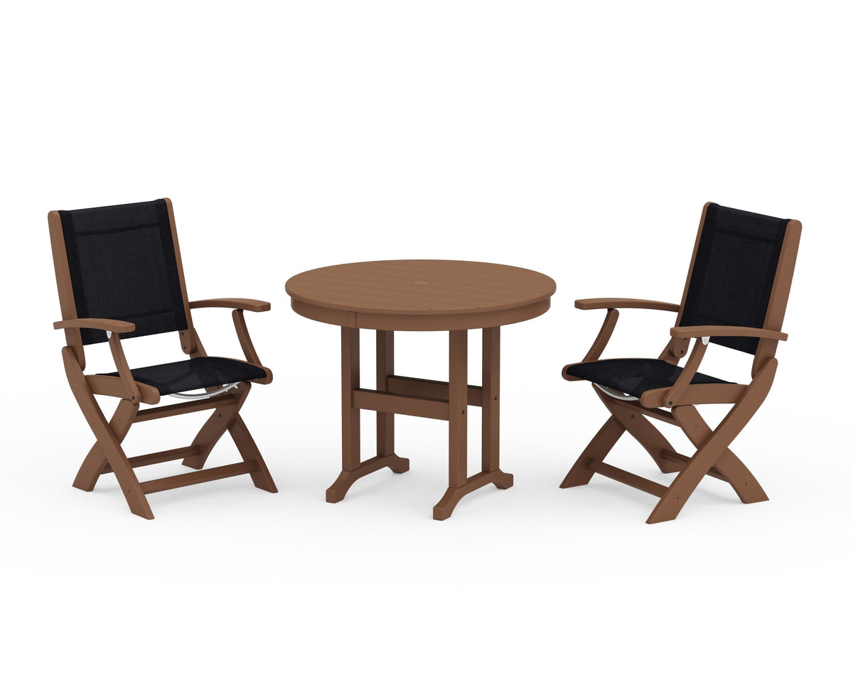 POLYWOOD Coastal Folding Chair 3-Piece Round Dining Set in Teak / Black