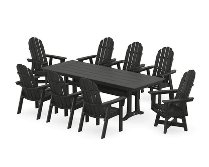 POLYWOOD Vineyard 9-Piece Curveback Adirondack Swivel Farmhouse Dining Set with Trestle Legs in Black