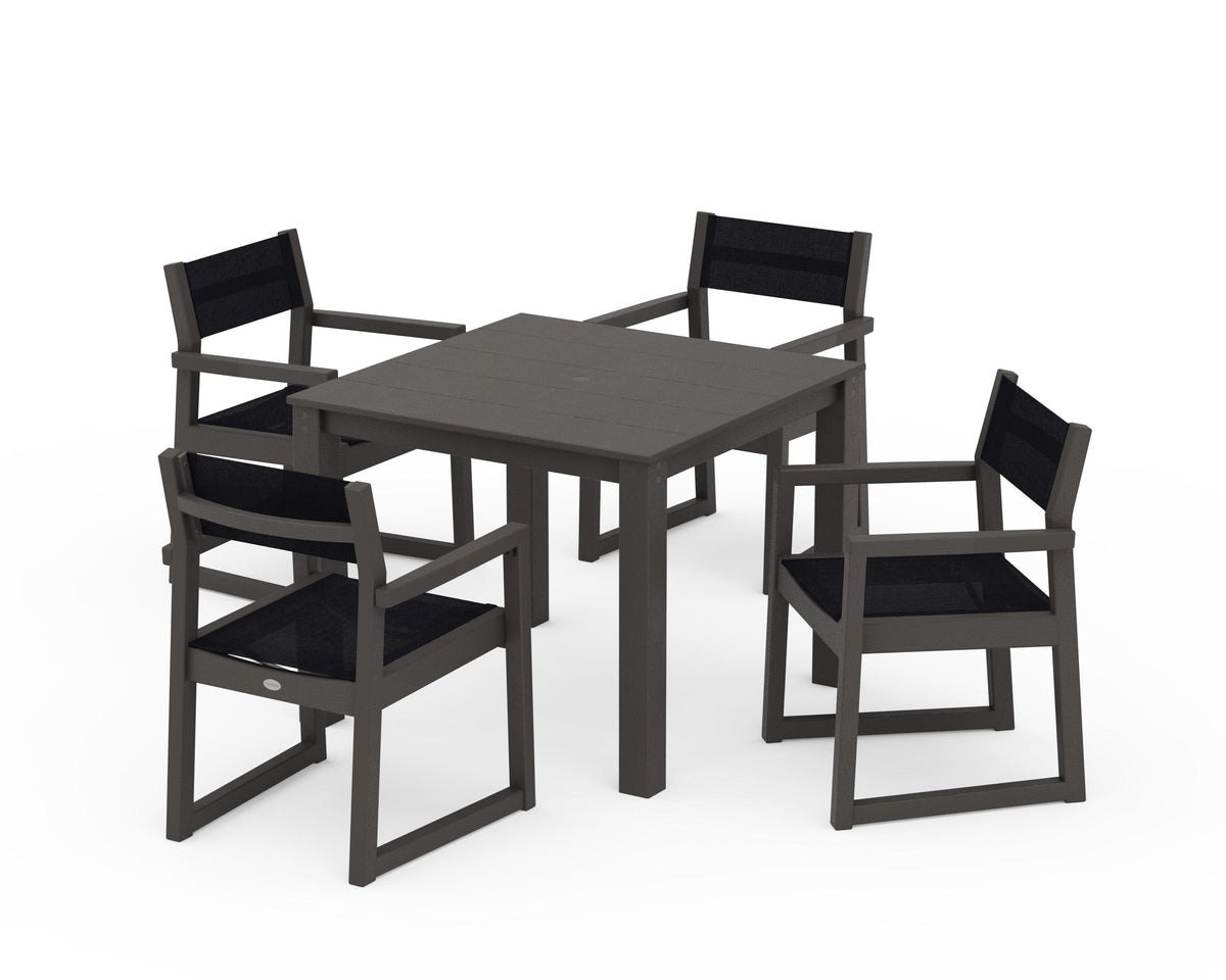 POLYWOOD EDGE Sling Arm Chair 5-Piece Parsons Dining Set in Vintage Coffee / Black