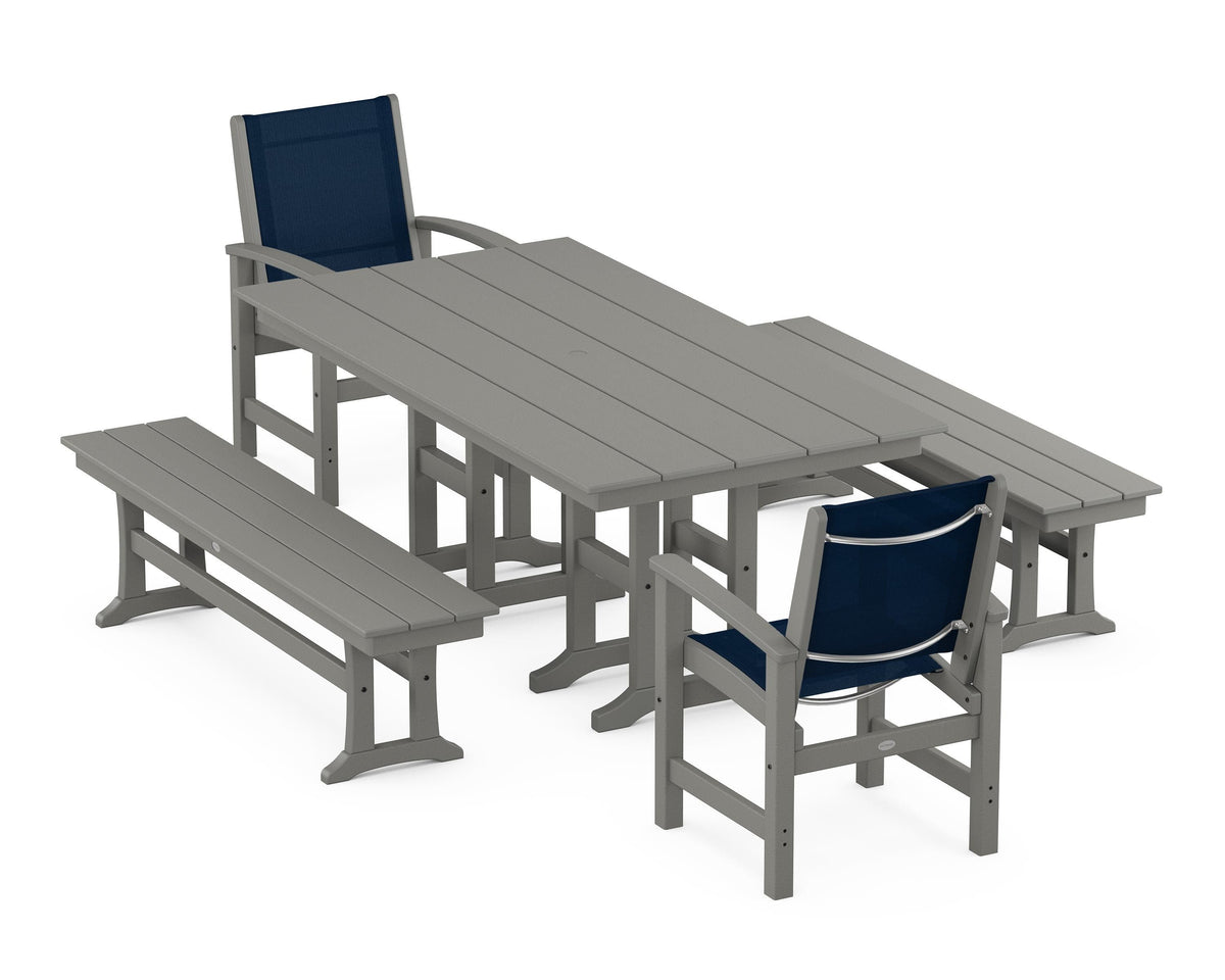 POLYWOOD Coastal 5-Piece Farmhouse Dining Set with Farmhouse 37" x 72" Dining Table in Slate Grey / Navy Blue