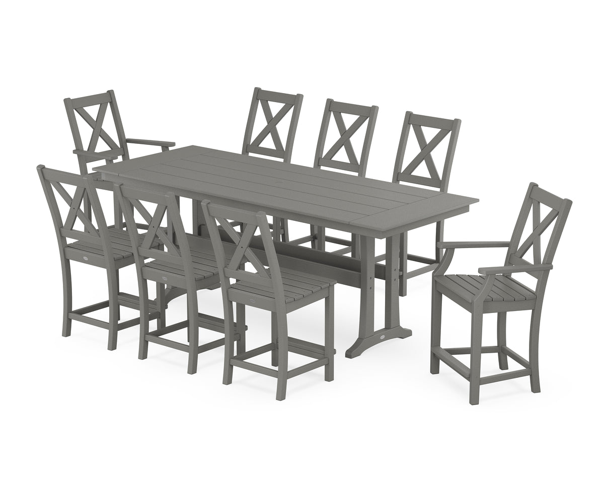 POLYWOOD Braxton 9-Piece Farmhouse Counter Set with Trestle Legs in Slate Grey