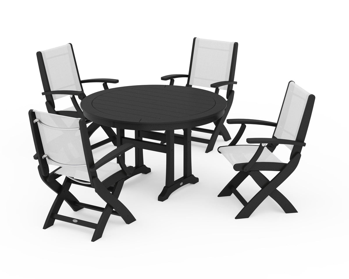 POLYWOOD Coastal Folding Chair 5-Piece Round Dining Set with Trestle Legs in Black / White