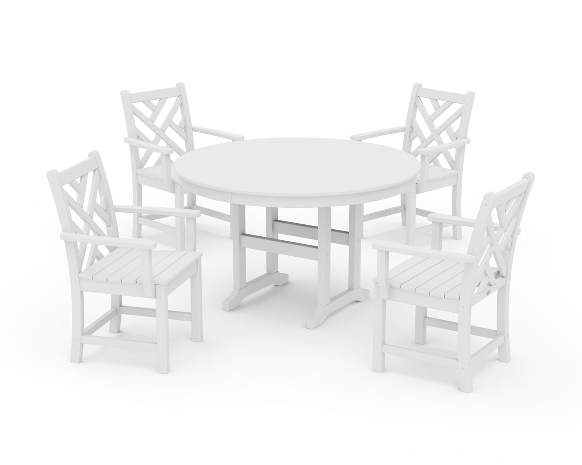 POLYWOOD Chippendale 5-Piece Round Farmhouse Dining Set in White
