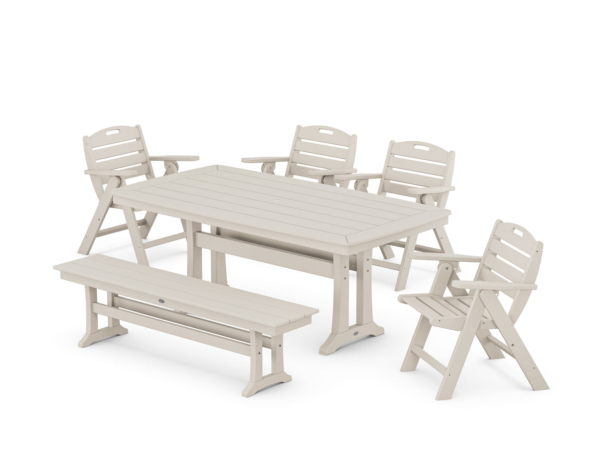 POLYWOOD Nautical Lowback 6-Piece Dining Set with Trestle Legs and Bench in Sand