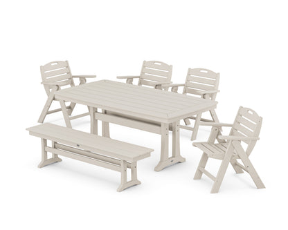 POLYWOOD Nautical Lowback 6-Piece Dining Set with Trestle Legs and Bench in Sand