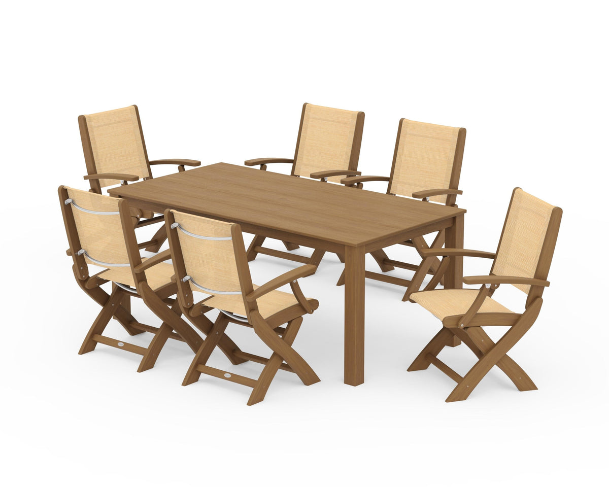 POLYWOOD Coastal Folding Chair 7-Piece Parsons Dining Set in Natural / Dupioni Apricot