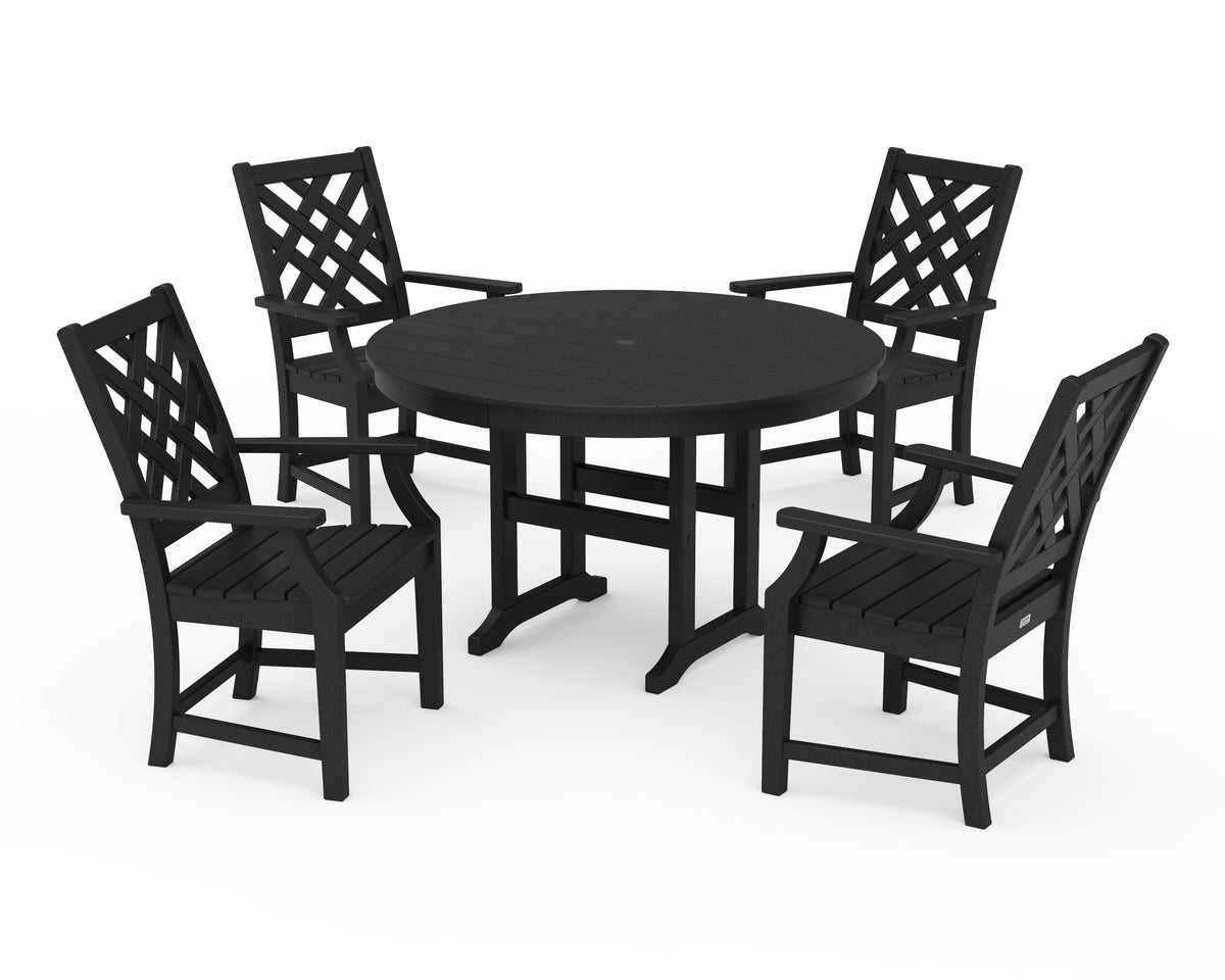 POLYWOOD Wovendale 5-Piece Round Farmhouse Dining Set in Black