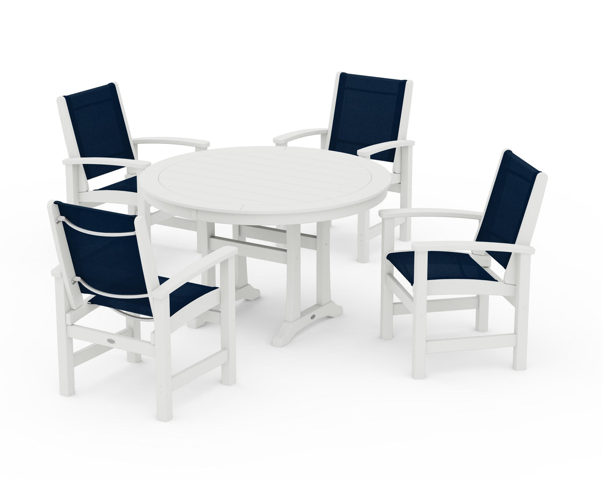 POLYWOOD Coastal 5-Piece Round Dining Set with Trestle Legs in Vintage White / Navy Blue