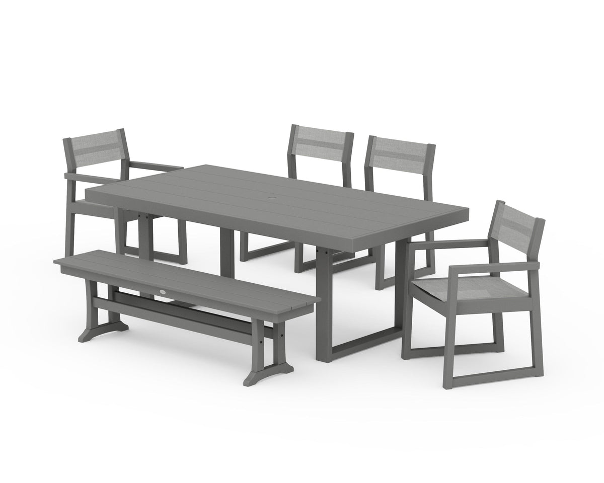 POLYWOOD EDGE Sling 6-Piece Dining Set with Bench in Slate Grey / Metallic